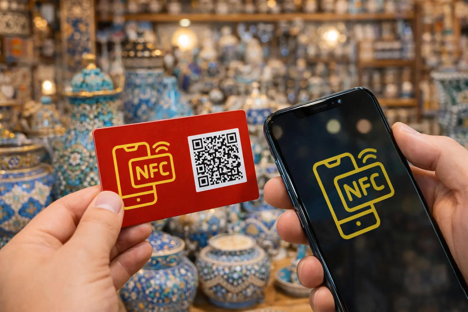 کارت ویزیت هوشمند NFC در فروشگاه ظروف سنتی اصفهان