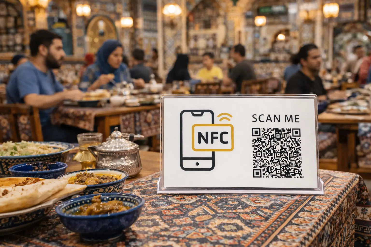 اسکن منو قیمت غذاهای رستوان های سنتی اصفهان با استند تبلیغاتی NFC کارت نو